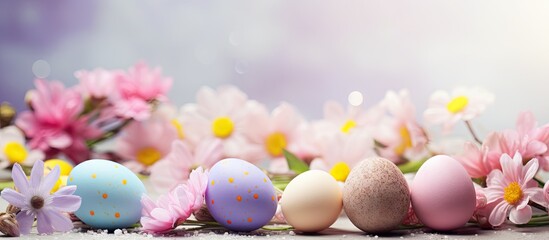 Easter eggs on table with flowers