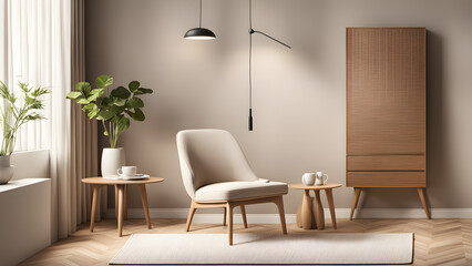 Fototapeta na wymiar Modern home design, chair placement for rest, minimalist design, milky white tone