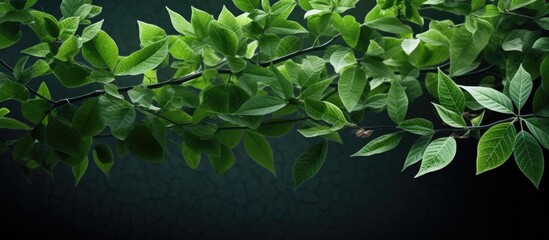 A close up of a green leafy tree branch with dark background - obrazy, fototapety, plakaty