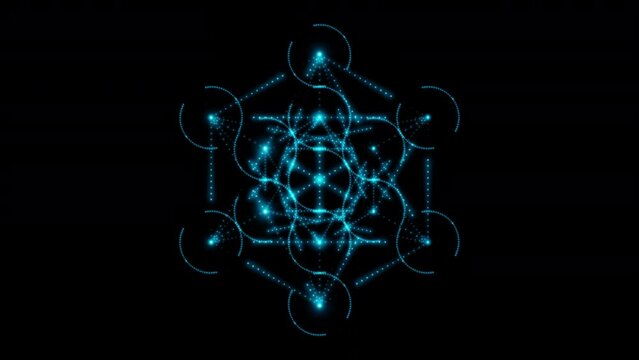 Glowing neon Metatron Cube, consisting of many small blue flashing dots, light bulbs. Sacred geometry. 4k 3d loop animation 60 fps.