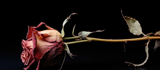 A close-up of a rose with stem and leaves - obrazy, fototapety, plakaty