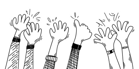 Hand drawn of hands clapping ovation. applause, thumbs up gesture on doodle style. vector illustration