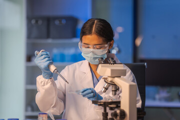 Close up female scientist in white lab coat working in biotechnological laboratory, using microscope, pipette, glass flask in clinical laboratory.