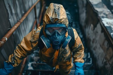 Investigator in Hazmat Suit Inspecting Property for Mold Outbreak. Concept Hazmat Suit, Mold Outbreak, Property Inspection, Investigator, Safety Precautions
