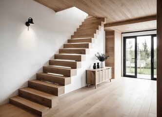 Wooden staircase in scandinavian rustic style interior 