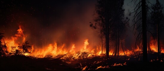 A fire raging amid trees in the woods