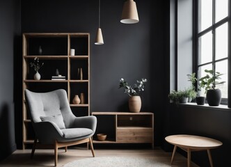 Grey barrel chair against of window and wooden shelving unit and cabinet on dark wall.