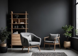 Grey barrel chair against of window and wooden shelving unit and cabinet on dark wall.