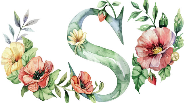 Watercolor Letter S with Flower Accents on isolated Transparent background. PNG Format