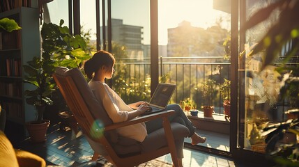A woman sitting in an armchair on the terrace of her house, working from home on her laptop. Modern style and decor, large windows with sun rays shining through. generative AI