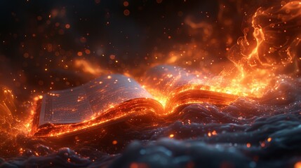 An open book glows with fiery embers against a dark background, sparks rising as if magic is coming to life. The scene evokes a sense of ancient knowledge awakening. - obrazy, fototapety, plakaty