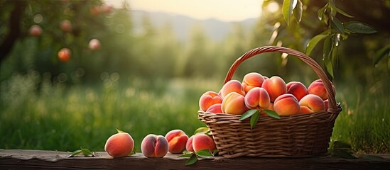 A basket of peaches on a wooden bench