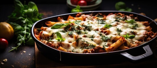 Close-up of cheesy spinach pasta in pan