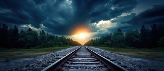 Train track under sunset with cloudy skies - obrazy, fototapety, plakaty