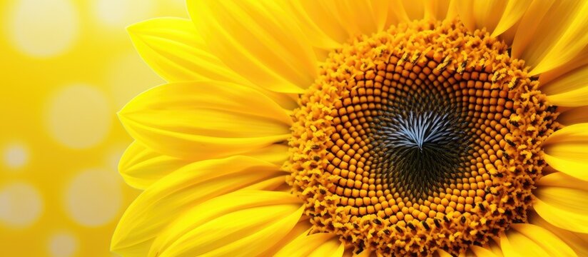 A close up of a sunflower with a yellow background