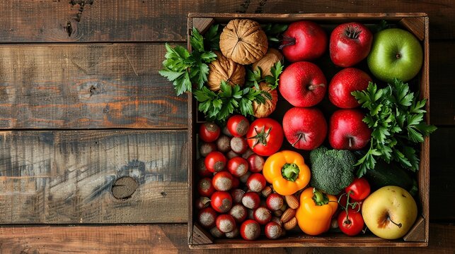 Top view of fresh vegetables, nuts and fruits in a wooden box, on a dark brown wooden table. Flat lay with copy space for add text.