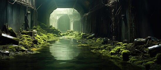An underground passageway with green moss and a flowing creek - obrazy, fototapety, plakaty