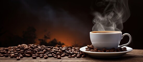 A cup of freshly brewed coffee surrounded by coffee beans