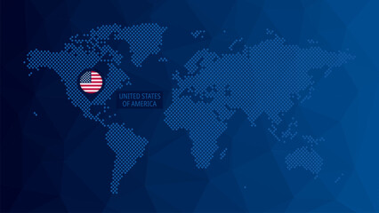 United States of America, USA flag map pin icon. Vector world background. Illustration for infographic element, american sign, global business, web design, presentation, travel. Geometry blue pattern - 763861987