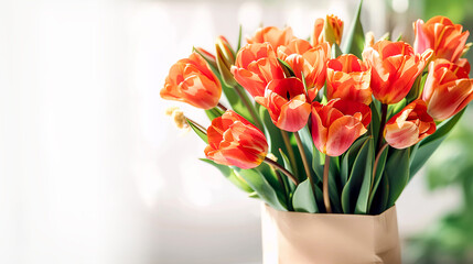 Orange tulip bouquets on a white background as Mother's Day blessings and holiday celebrations