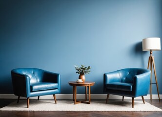 Two leather armchairs against blue wall with copy space. 