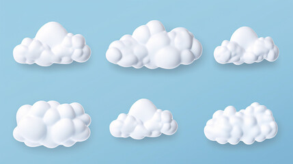 Set of realistic white clouds isolated on blue background.