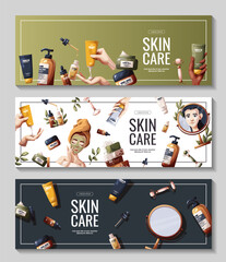 Set of banners with woman, cosmetics, beauty products. Beauty, skin care, cosmetic, spa, shower concept. Vector illustration for banner, promo, poster.