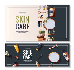 Set of banners with beauty products, cosmetics, mirror. Beauty, skin care, body care, cleansing concept. Vector illustration for banner, poster, promo, sale.