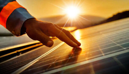 Close-up of a hand of professional maintenance male engineer touching with the palm of your hand industrial solar panel generating electricity at sunset or sunrise. Green energy concept. Generative Ai - obrazy, fototapety, plakaty