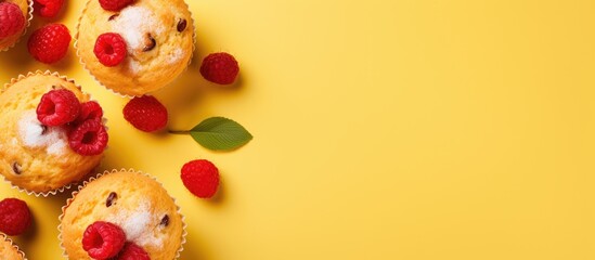 Close up of a raspberry muffin on a yellow background