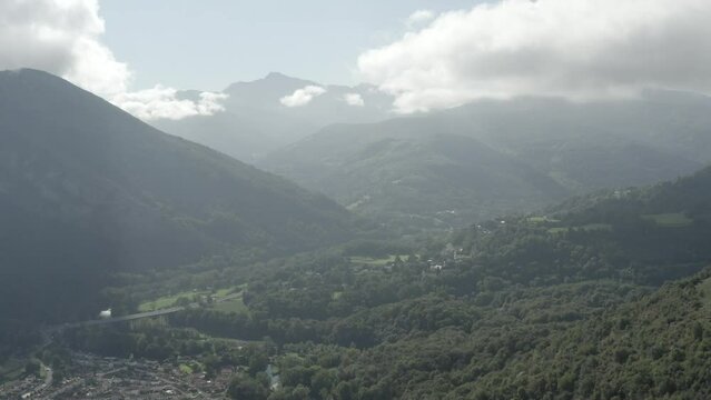 Green landscape of Pyrenees in France. Aerial drone panoramic view