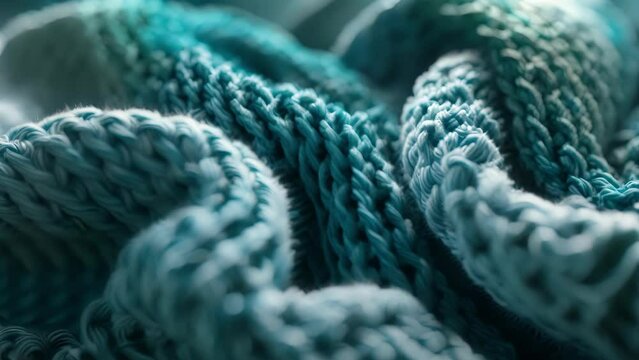 A closeup of a knitted scarf showcasing its soft texture and the complex stitch pattern in shades of blue and green.