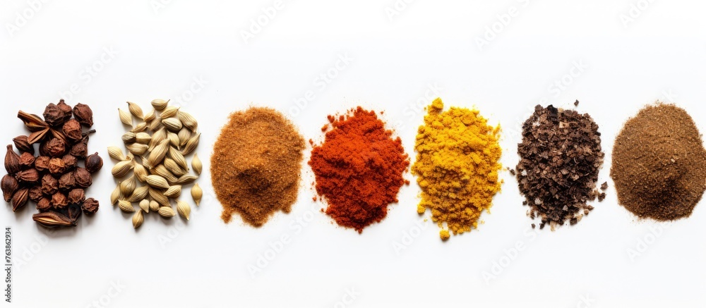 Canvas Prints A close up of a row of spices on a white surface