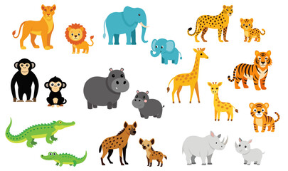 African animals illustration. Game of find baby mother. Simple drawing of lioness, lion cub, monkey, giraffe, elephant, tiger and other.