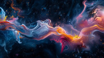 Abstract visualization of smoke flow with a vivid blend of cosmic colors and sparkling accents, suggesting a nebula in motion.