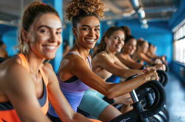 Fototapeta na wymiar A group of people were riding spinning bikes in the gym, smiling and wearing brightly colored athletic wear like green or blue. They looked focused on their bikes while doing fitness training