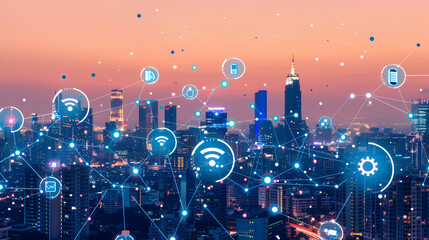 Wifi theme with downtown Los Angeles at night ,Blue high-tech tone of cityscape conneted line, technology concept, internet of things conceptual