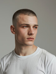 Obraz premium A studio portrait of a young man with short hair, looking off to the side, embodying a contemplative mood