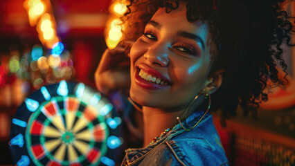 Bright Neon Lights Surround Girl by the Fortune Wheel
