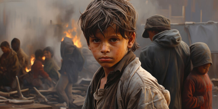 homeless dirty boy looking at the camera against the backdrop of devastation and disadvantaged people, copy space