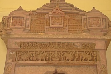 Architectural entrance gate of a medieval temple, showcasing intricate design and historical significance., Khujraho, Madhya Pradesh , India


