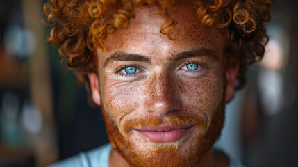 Portrait of a smiling young man with curly red hair and blue eyes.
