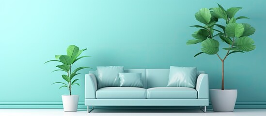 An illustration of a well-furnished living room showcasing a comfortable blue couch and a decorative indoor plant