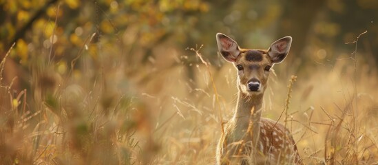 A deer from the Giraffidae family stands in a grassy field, gazing directly at the camera with its elegant snout. The natural landscape of the grassland surrounds the terrestrial animal