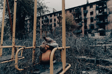 destroyed and burned houses in the city Russia Ukraine war