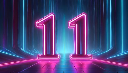 3d neon light number 11 glowing in the dark, pink blue neon light