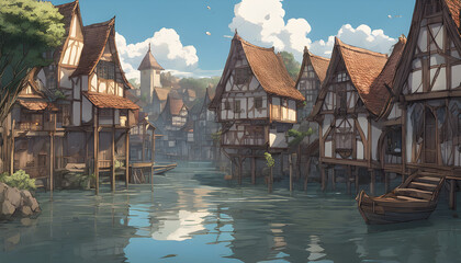 Fototapeta premium Medieval River Village with some tower at behind, Fantasy Anime Style Artwork