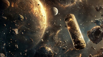 Sending The Message In a Bottle Into Space, A realistic depiction of Message In a Capsule maneuvering through a dense asteroid field with Jupiter in the background. - obrazy, fototapety, plakaty