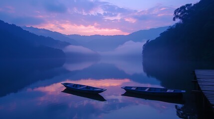 Dawn's gentle embrace is felt over a serene lake as two boats lie moored beside a tranquil pier. The surrounding hills shrouded in mist enhance the scene's peacefulness. - obrazy, fototapety, plakaty