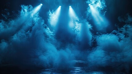 Illuminated stage with scenic blue spotlight with smoke volume light effect